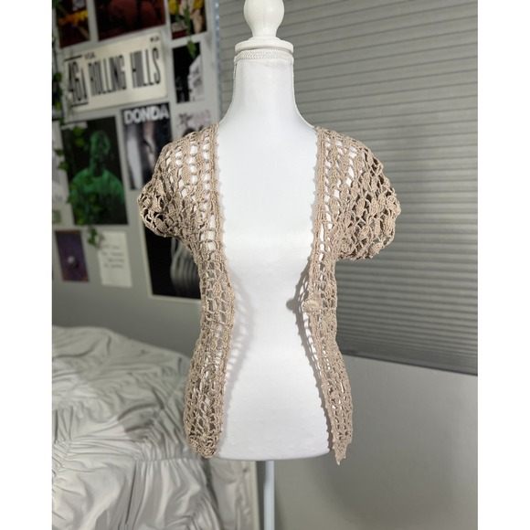 Say What? XS Tan Crochet Knit Open Cardigan Vest Boho Festival Layering Top - Picture 2 of 9
